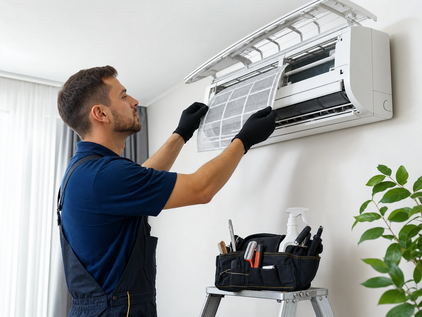 Technician cleaning an air conditioner filter