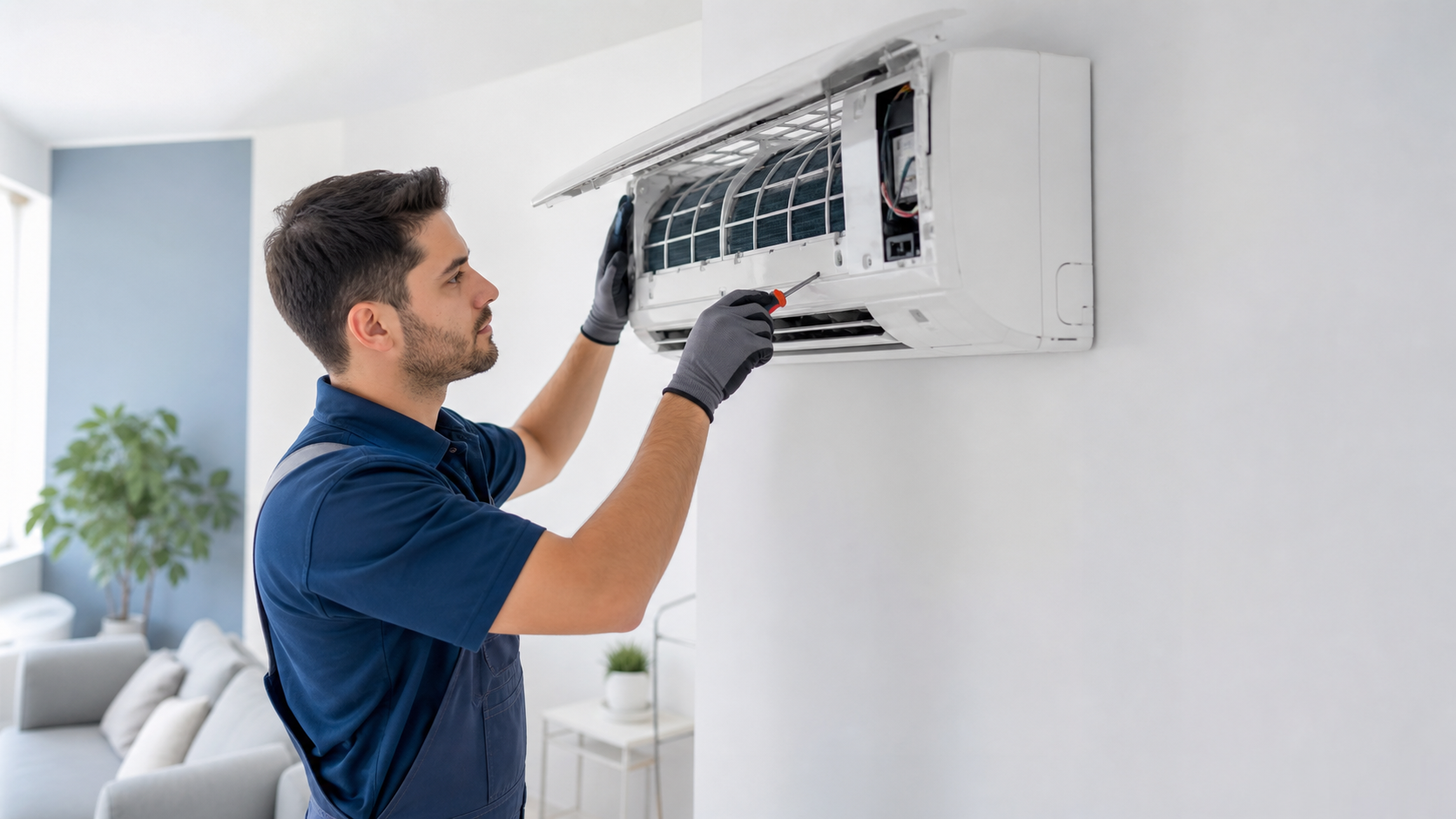 Professional technician repairing a wall-mounted air conditioner